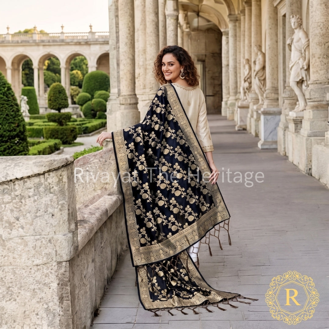 Black Banarasi Silk Dupatta with Golden Zari Work - Navdurga Collection