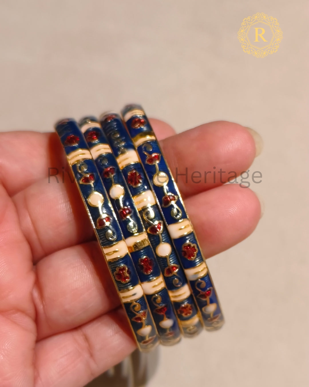 Blue Meenakari bangles set with gold floral enamel work, handcrafted Indian jewellery