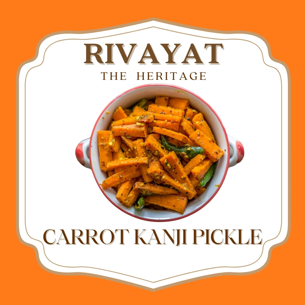 Rivayat Carrot Kanji Pickle in a traditional bowl — sun-dried carrots in mustard oil, heritage Indian recipe