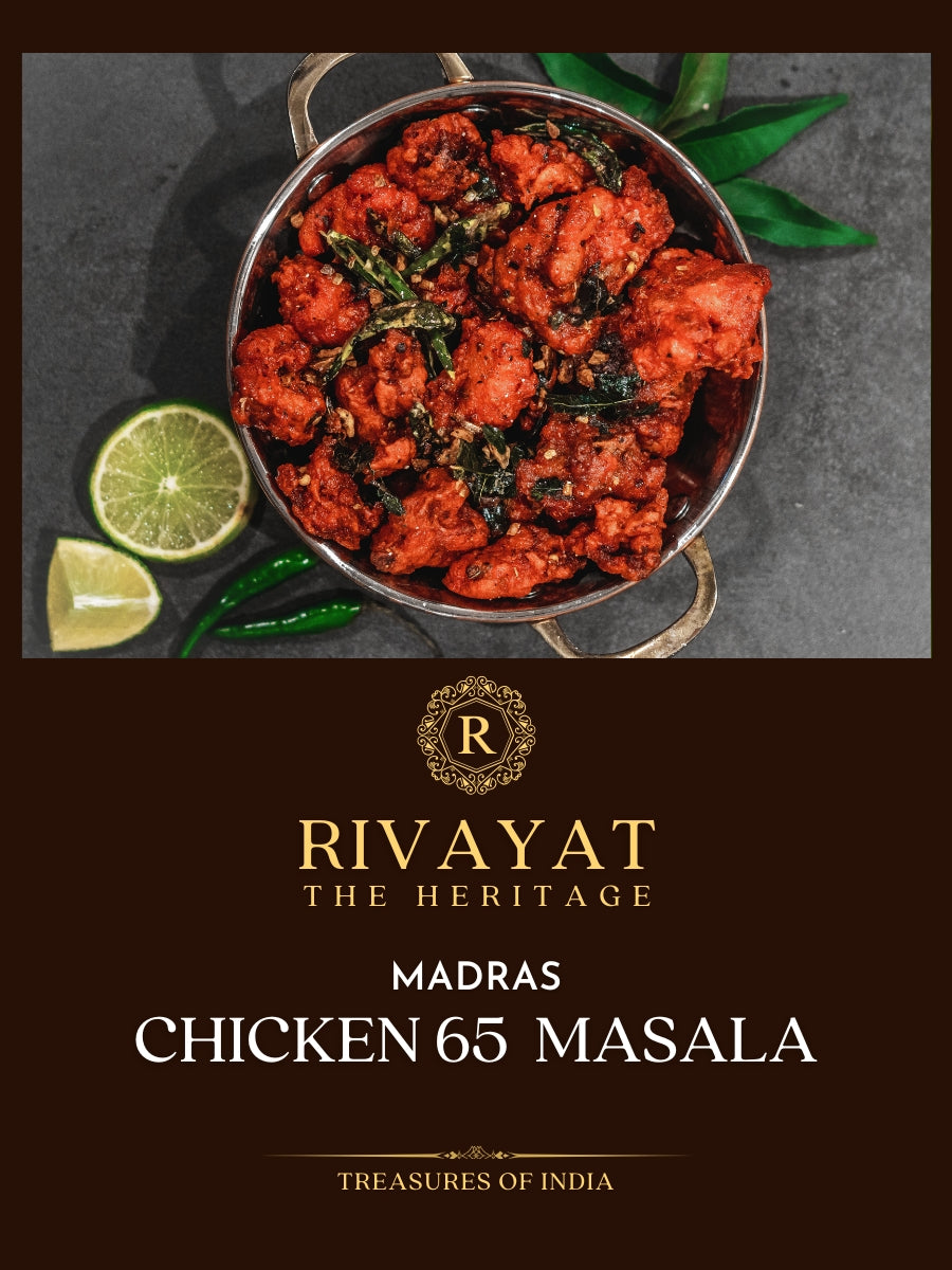 Rivayat The Heritage Madras Chicken 65 Masala – Pure veg, handmade South Indian spice blend with Kashmiri red chilli and real curry leaves, no onion no garlic, zero preservatives