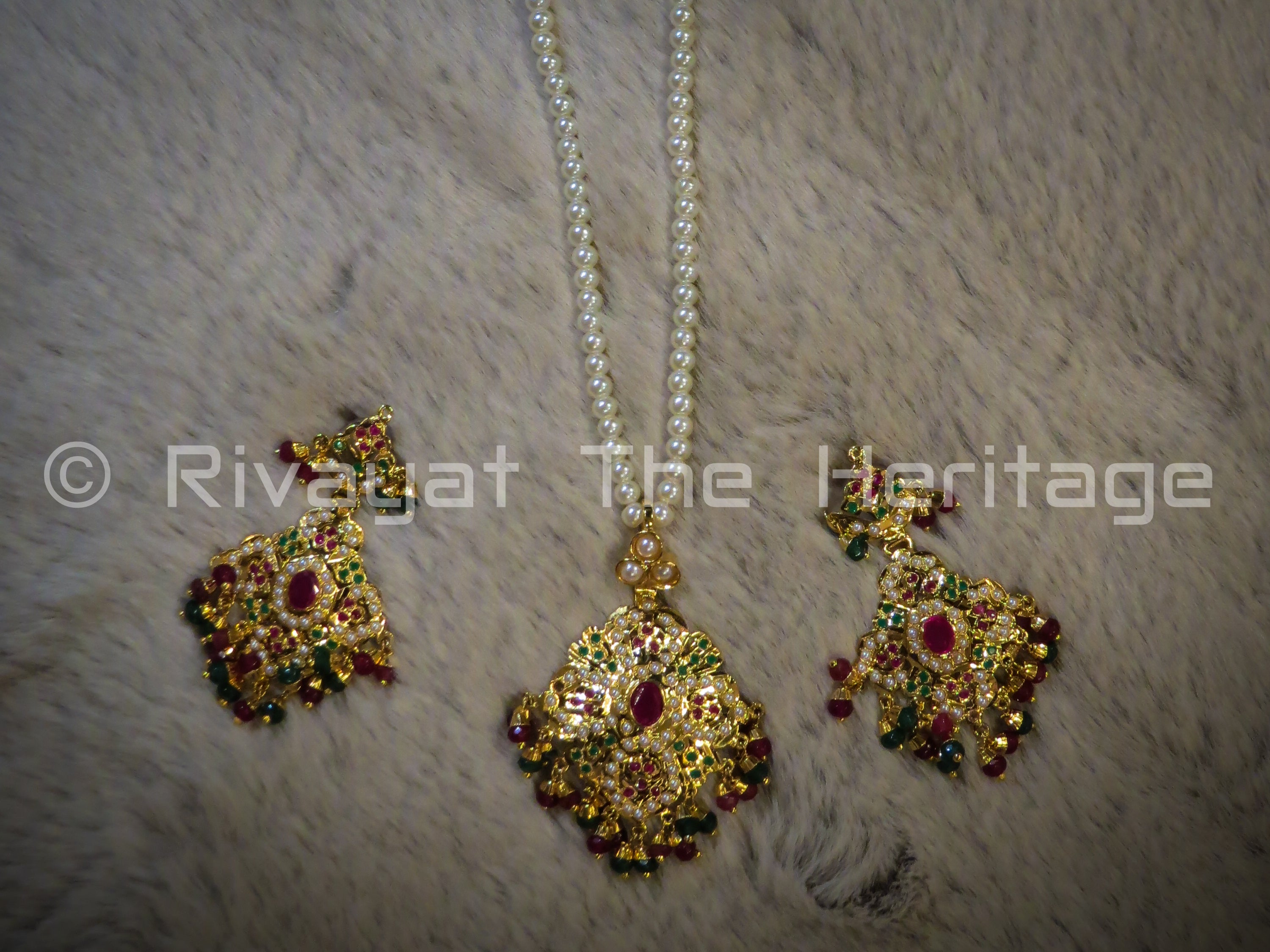 "Ruby Flower" Jadau Pearl Necklace & Earring Set - 24K Gold Plated with Rubies & Emeralds