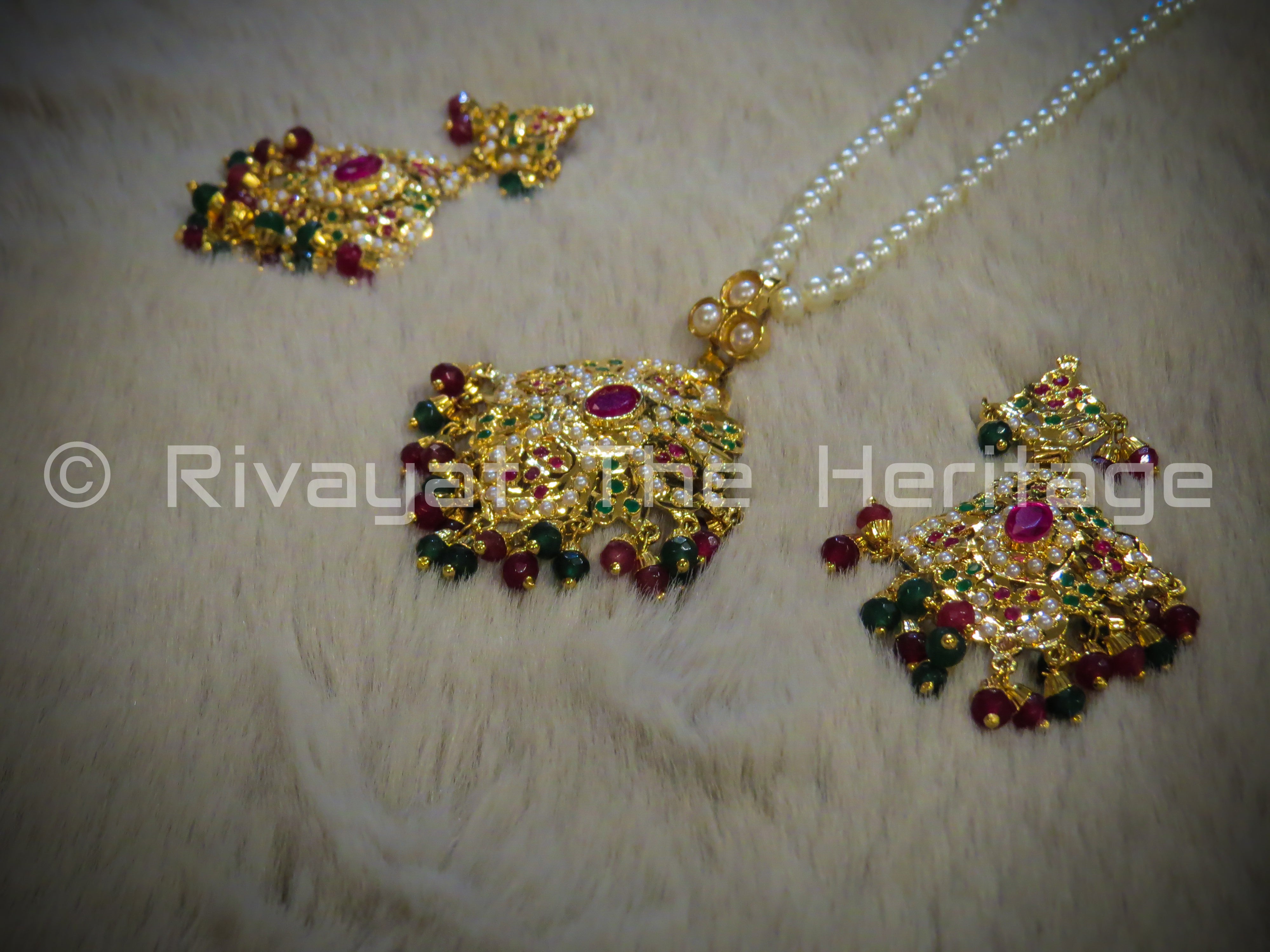 "Ruby Flower" Jadau Pearl Necklace & Earring Set - 24K Gold Plated with Rubies & Emeralds