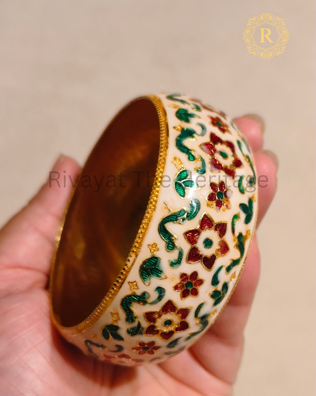 Ivory Meenakari Kada with red and green floral enamel work and gold-tone border