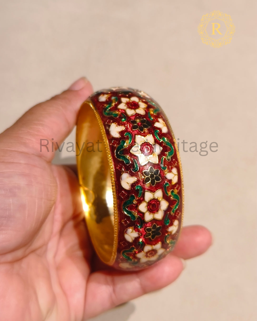 Maroon Meenakari Kada with floral multicolour enamel work and gold-tone finish