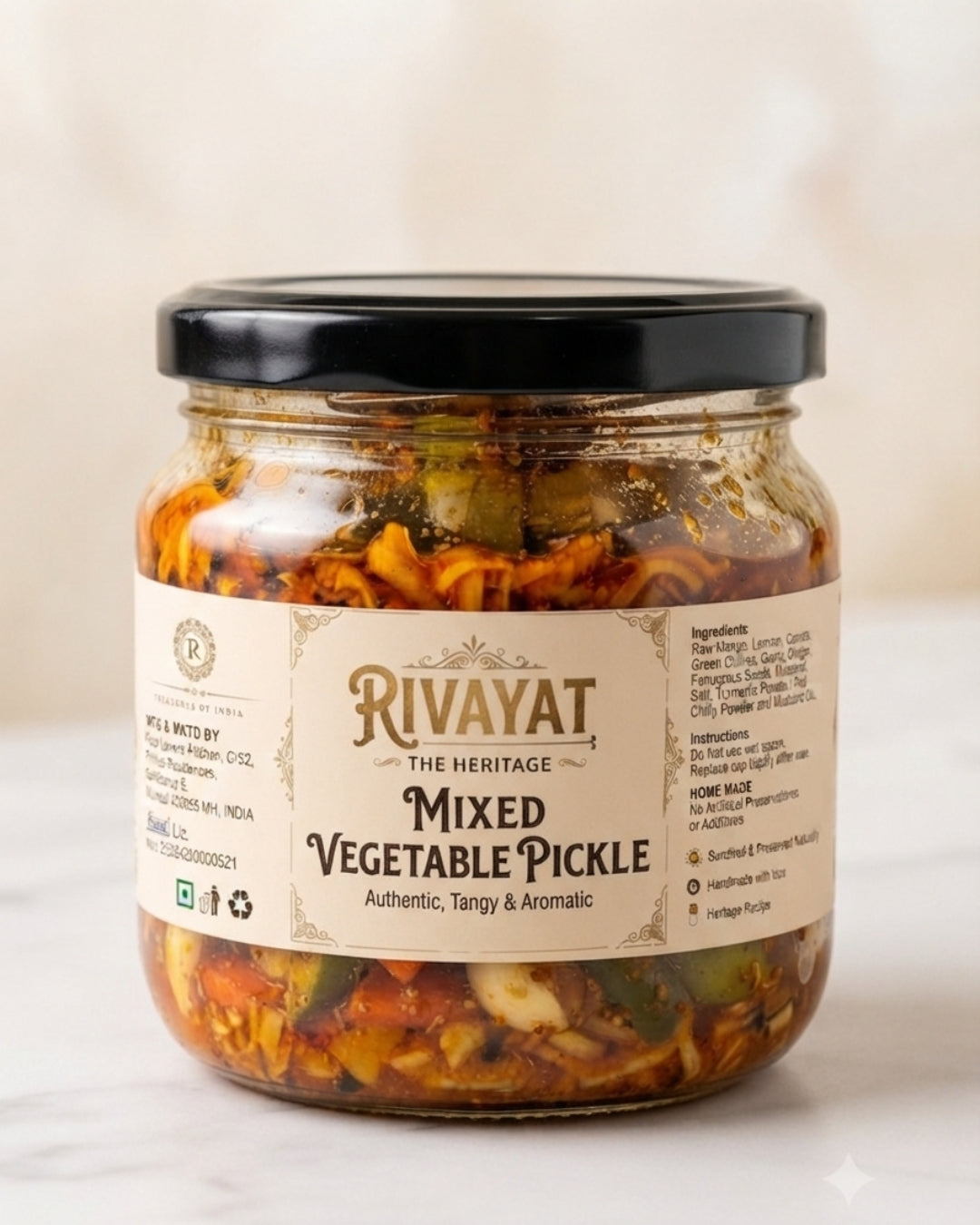 Rivayat Mixed Vegetable Pickle in glass jar with heritage label, 250g