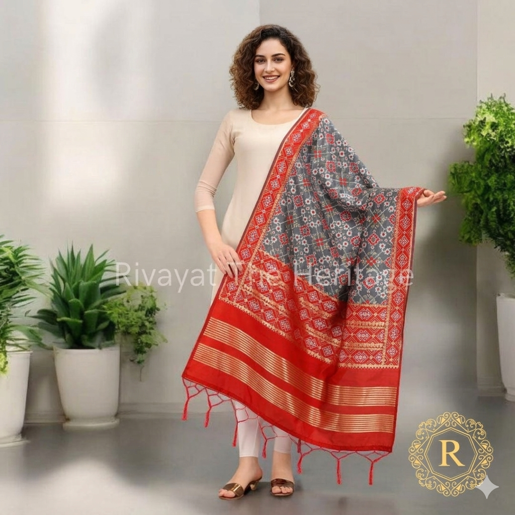 Authentic Banarasi Silk Patola Dupatta Gray Red - Handwoven Traditional Indian Scarf | Rivayat The Heritage
