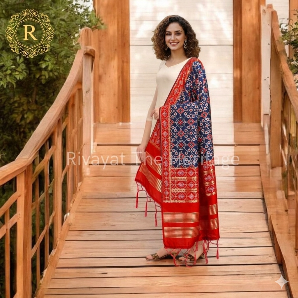 Banarasi Silk Patola Dupatta Ink Blue Red | Handwoven Traditional Indian Dupatta | Rivayat The Heritage