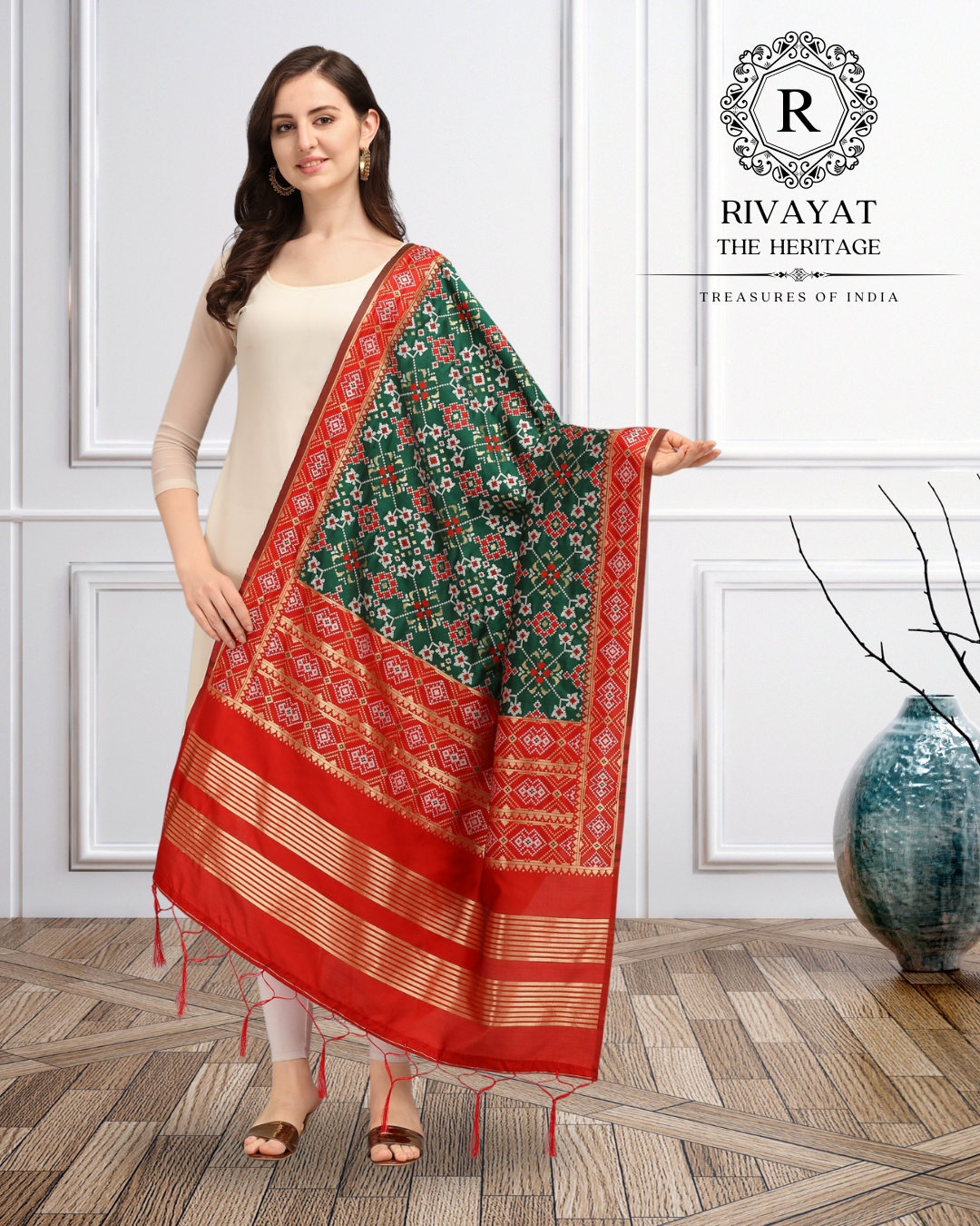 Navdurga Patola Silk Dupatta - Red & Green