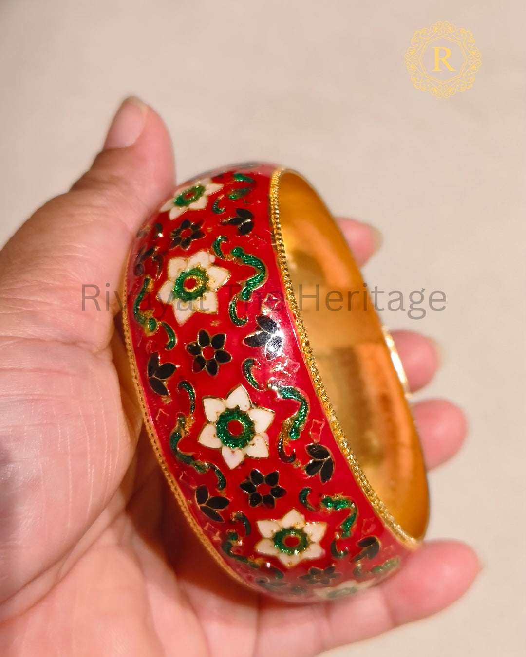 Red Meenakari Kada with floral enamel work in green white and black