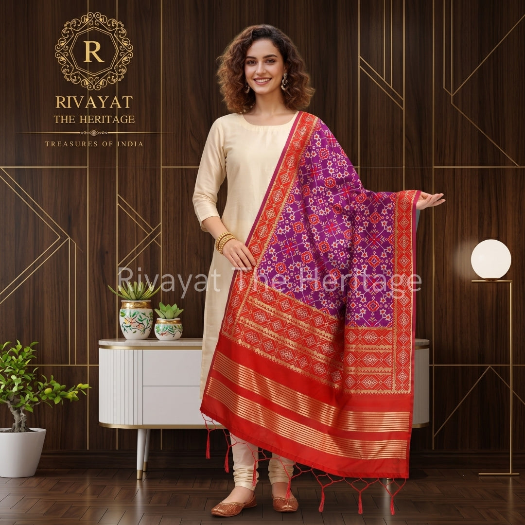 A model draped in the Rivayat Navdurga Traditional Patola Silk Dupatta in red and purple, featuring intricate geometric heritage motifs and a rich gold zari border, styled with a cream outfit against a luxury wooden backdrop.
