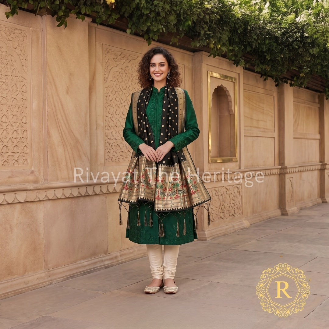 Smiling model in emerald green embroidered kurta and a rich black and gold Banarasi dupatta, standing in a heritage sandstone courtyard, with 'Rivayat The Heritage' branding.