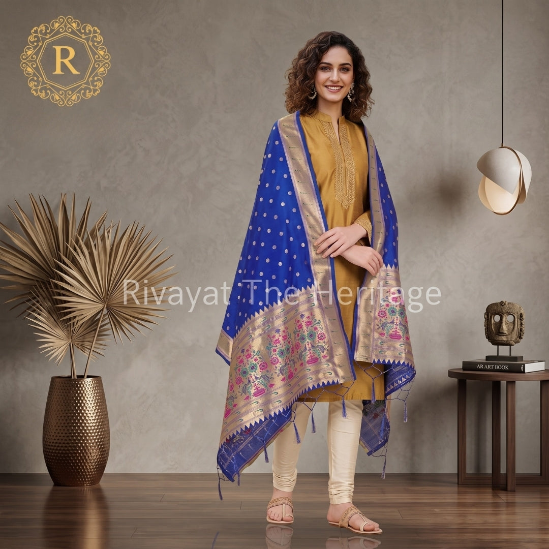 Model wearing a luxurious royal blue dupatta with traditional gold zari work and floral designs by Rivayat The Heritage, paired with a mustard yellow kurti.
