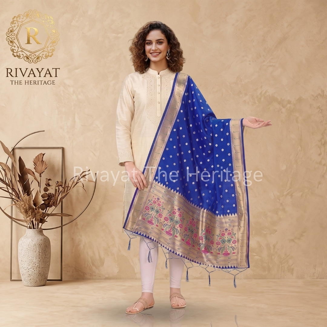 Model showcasing a royal blue dupatta with intricate gold zari borders and pink floral motifs by Rivayat The Heritage, styled with an elegant cream kurti.