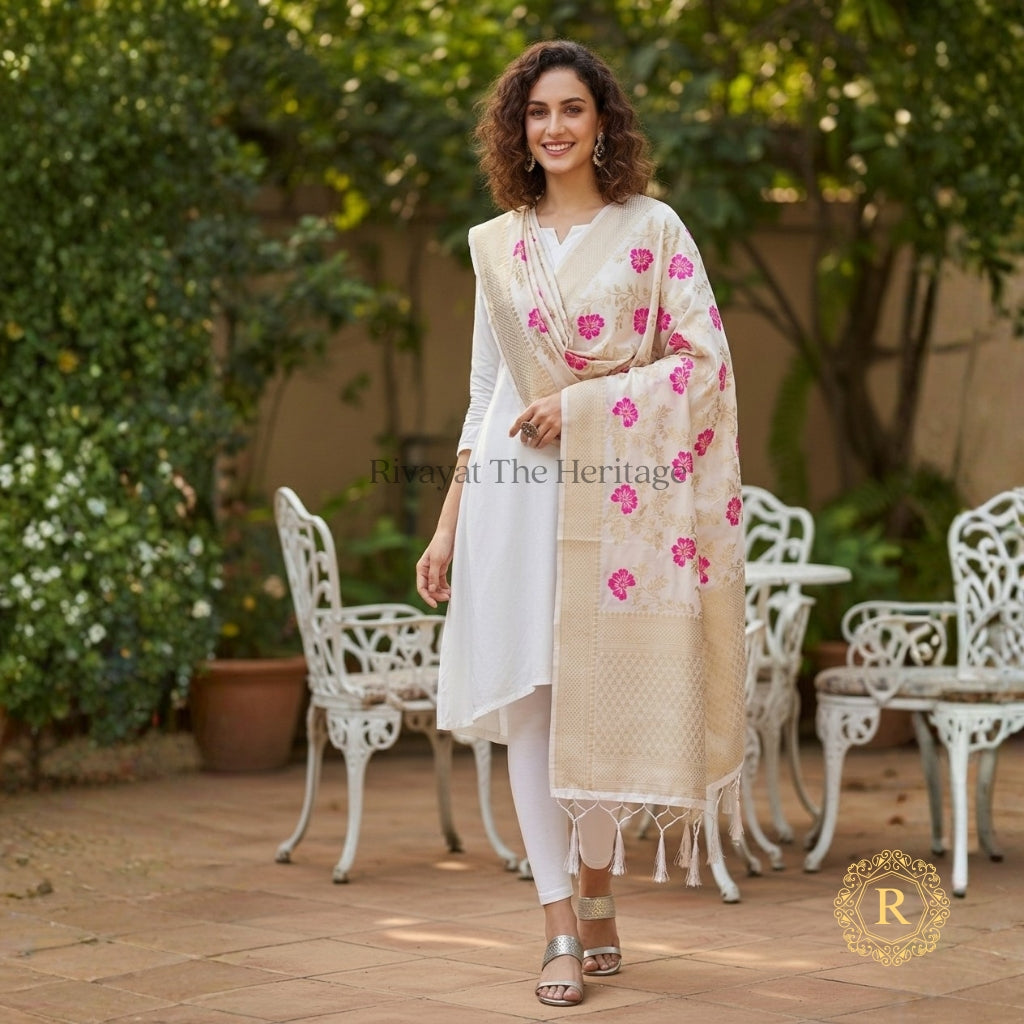 Banarasi floral cream art silk dupatta with pink motifs and gold zari border draped over white salwar suit — Rivayat The Heritage