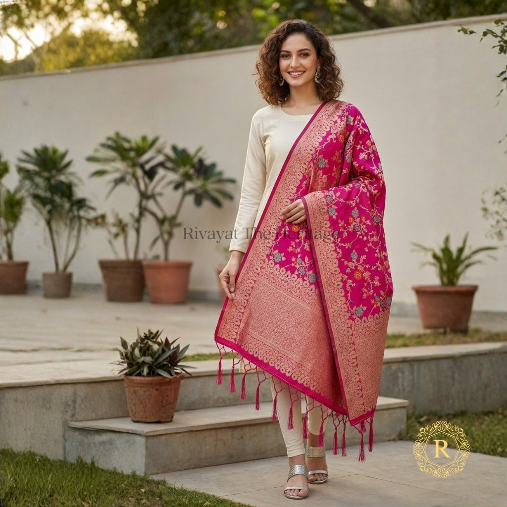 Banarasi Heavy Floral Art Silk Dupatta in Rani Pink with zari border and tassel pallu – Rivayat The Heritage
