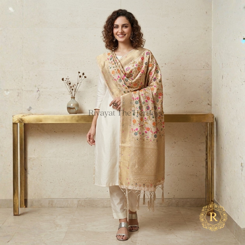 Banarasi art silk heavy floral dupatta in ivory white with gold zari border, draped on model — Navdurga Collection by Rivayat The Heritage