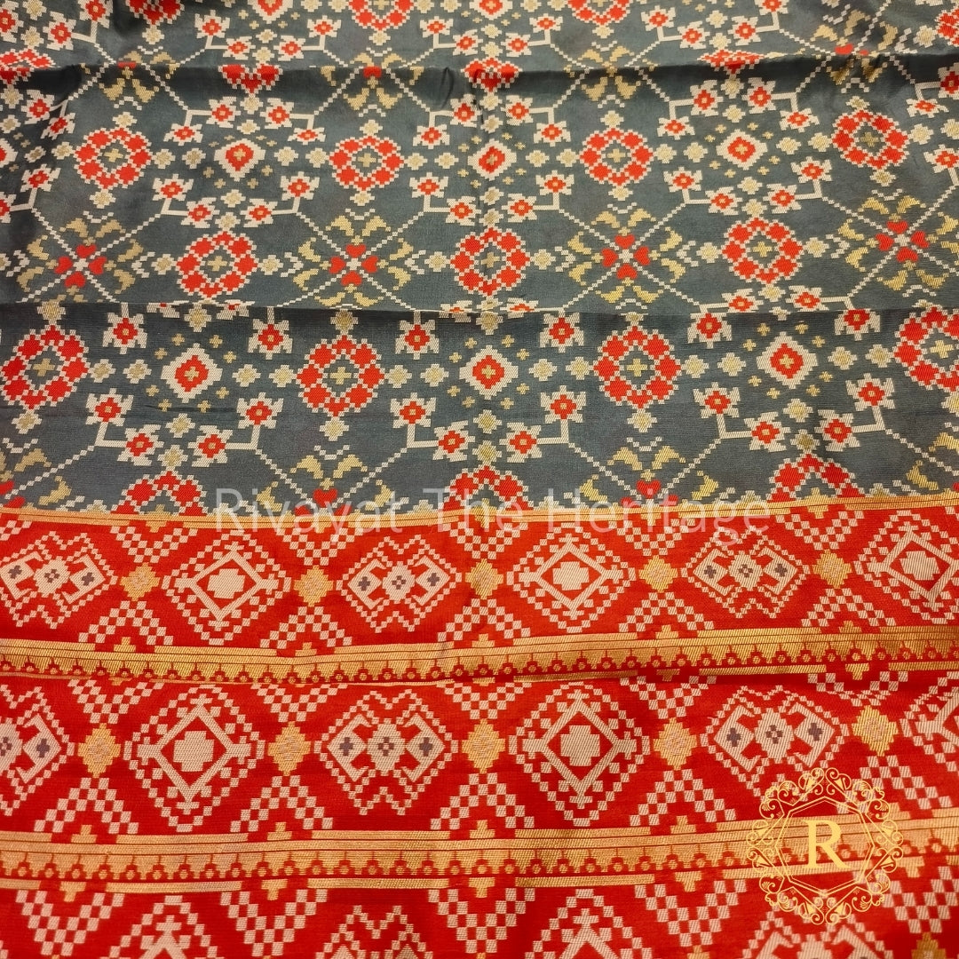 Authentic Banarasi Silk Patola Dupatta Gray Red - Handwoven Traditional Indian Scarf | Rivayat The Heritage