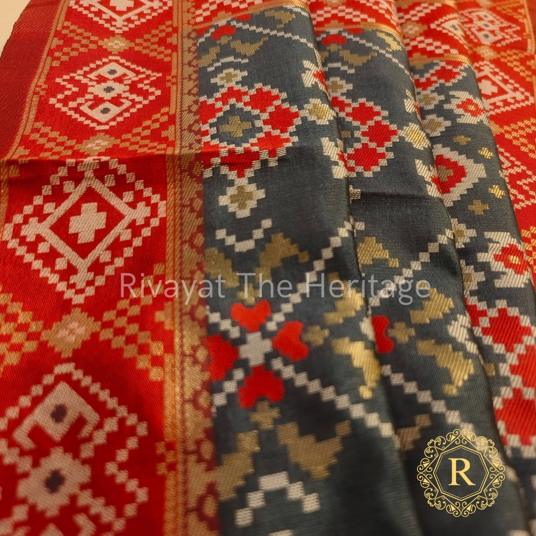 Authentic Banarasi Silk Patola Dupatta Gray Red - Handwoven Traditional Indian Scarf | Rivayat The Heritage