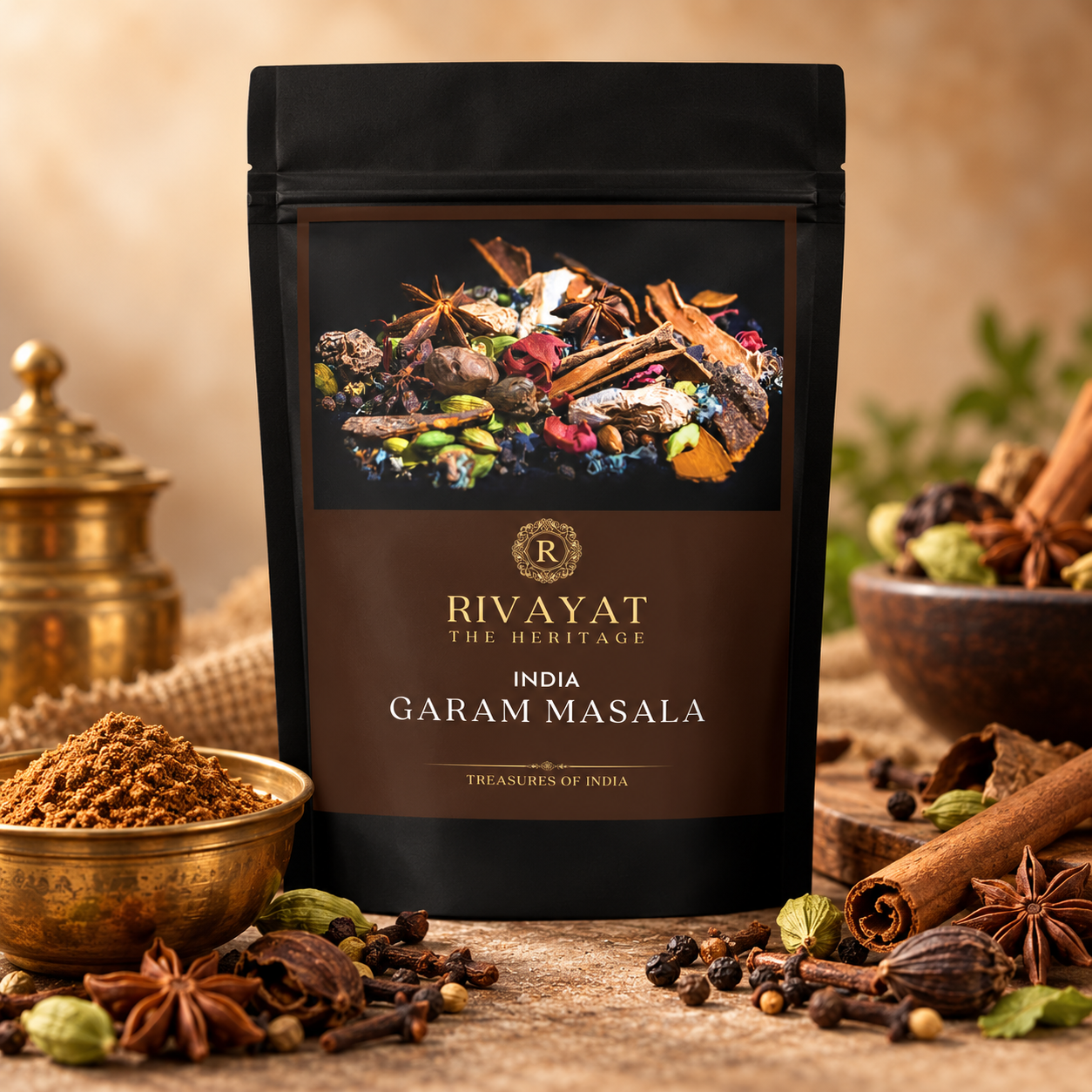 Rivayat handground Garam Masala pouch with brass bowl of masala powder, cinnamon, star anise, cardamom and cloves