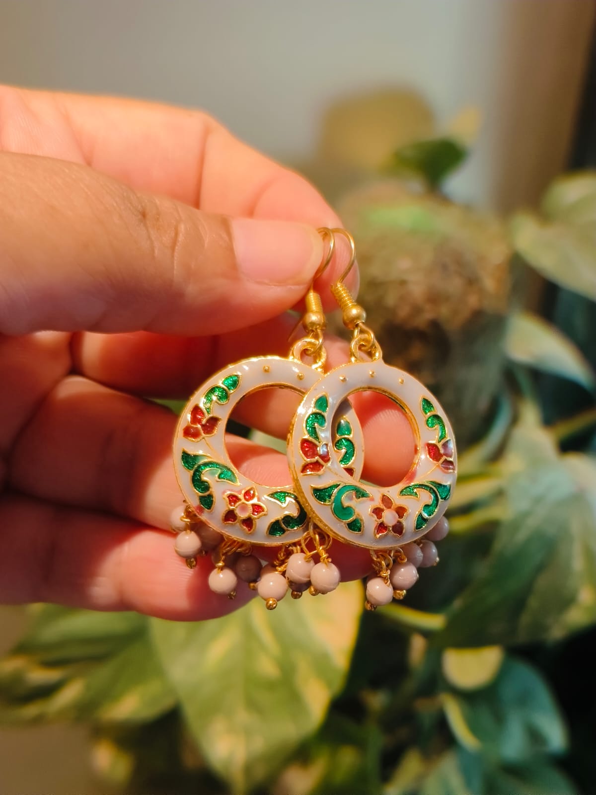 Authentic Meenakari enamel hoop earrings featuring traditional Indian floral pattern in red, green and white with hanging bead clusters – Manika Collection