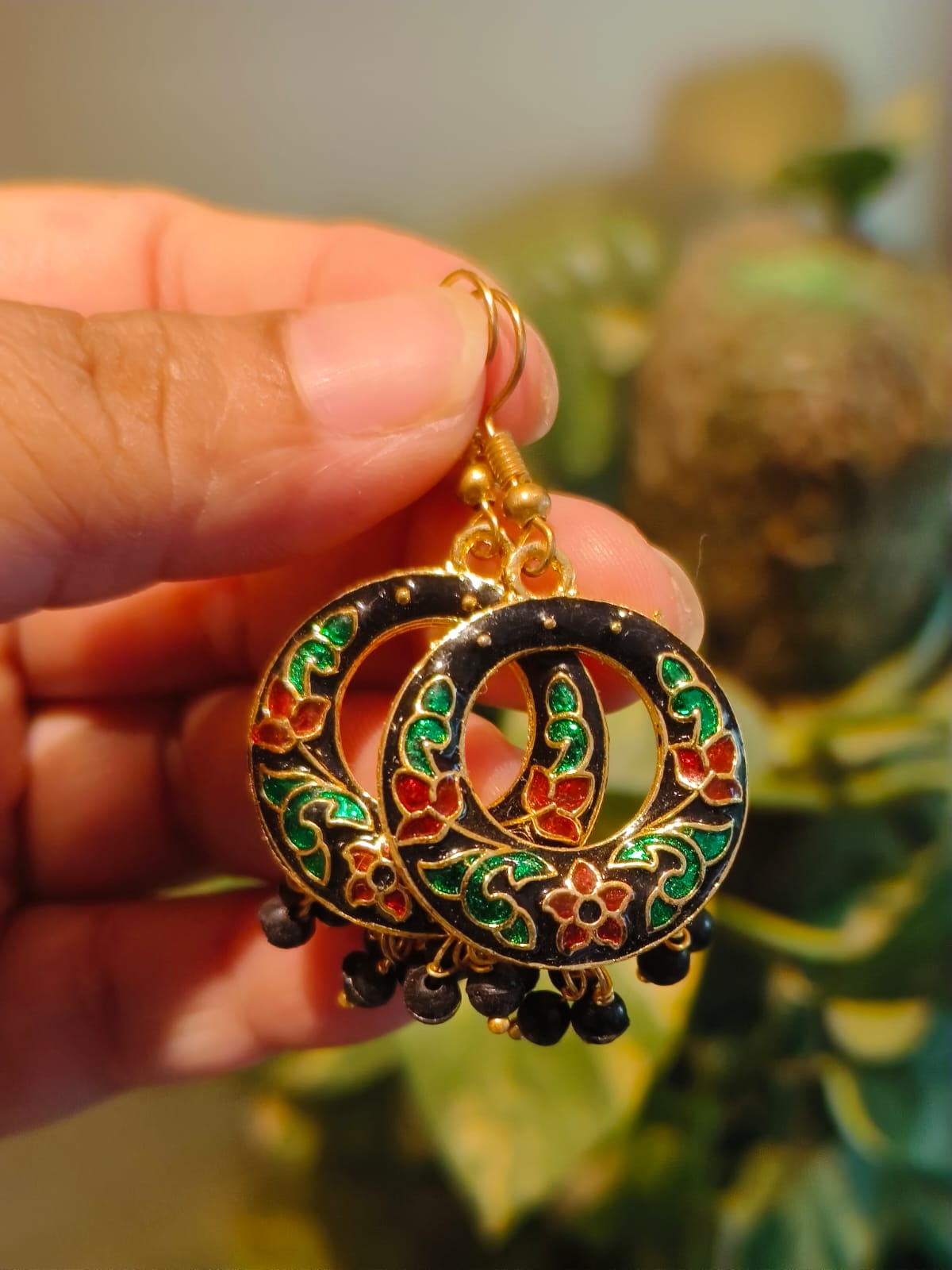 Black gold Meenakari hoop earring with green red floral enamel and black bead drops — Rivayat Manika Collection