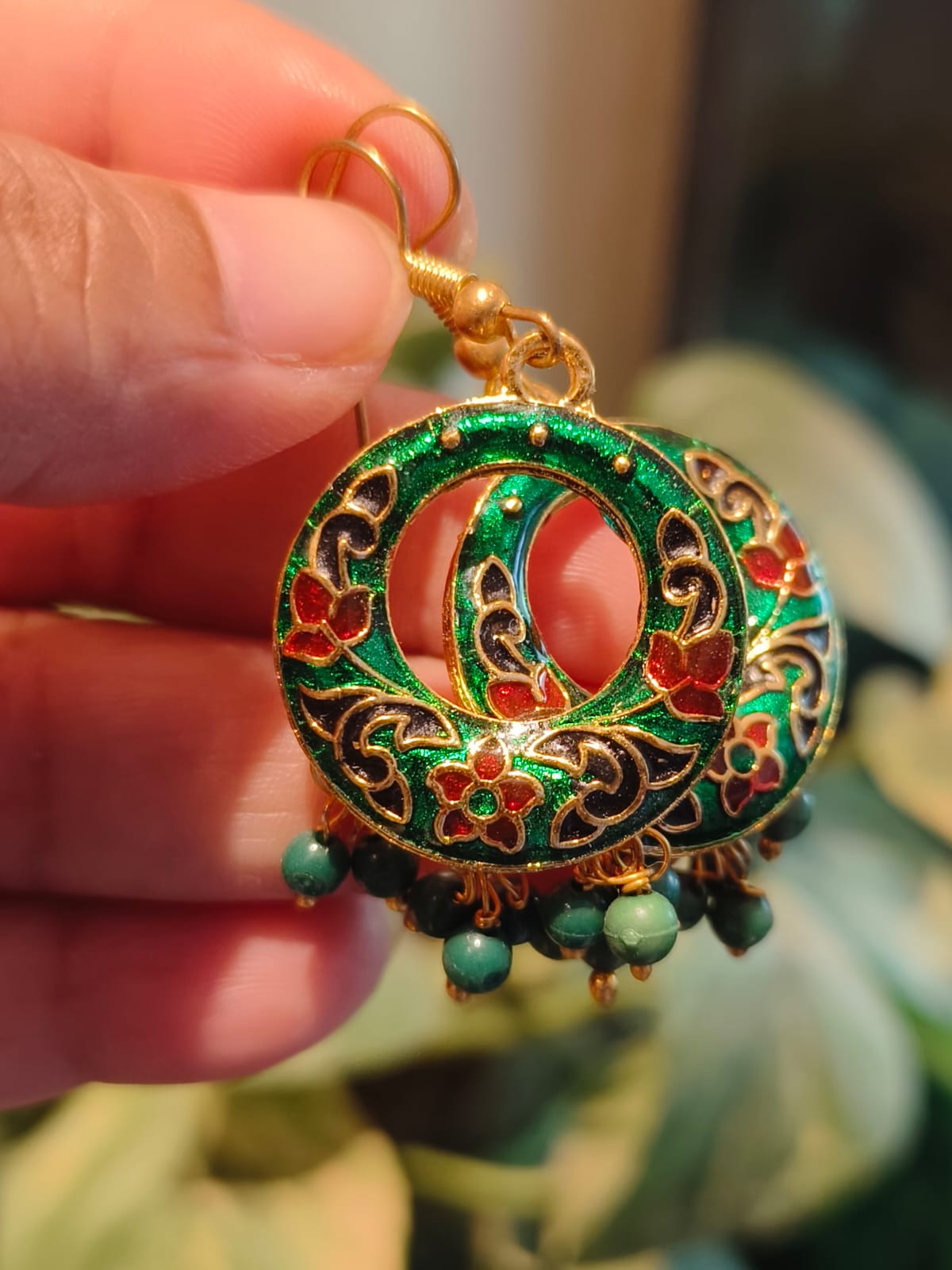 Pair of authentic Meenakari green chandbali earrings with gold floral motifs and cascading teal bead drops — Rivayat Heritage Jewellery