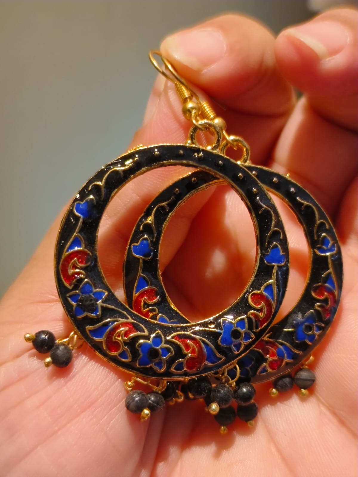 Authentic Indian Meenakari double hoop earrings in black gold with blue red enamel florals and bead drops – Rivayat Heritage