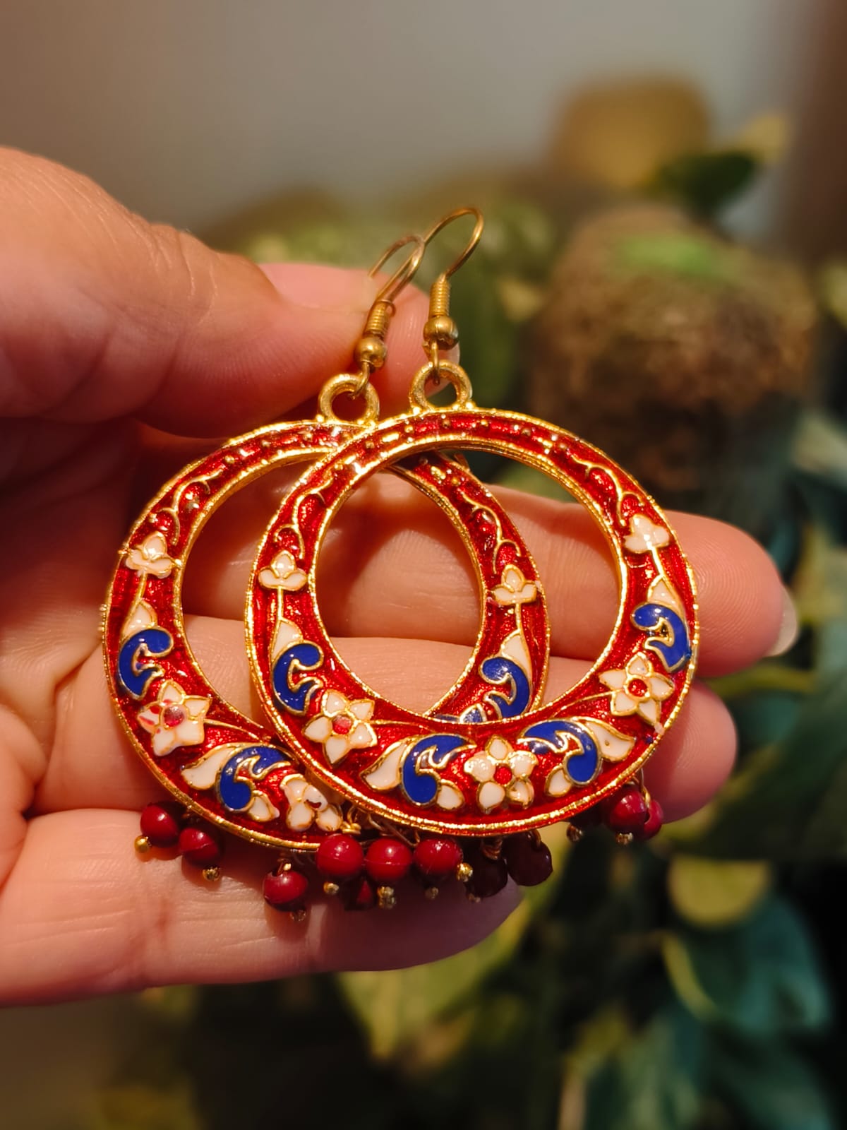 Red blue Meenakari large hoop earrings with floral enamel work and red bead drops — Rivayat Manika Collection