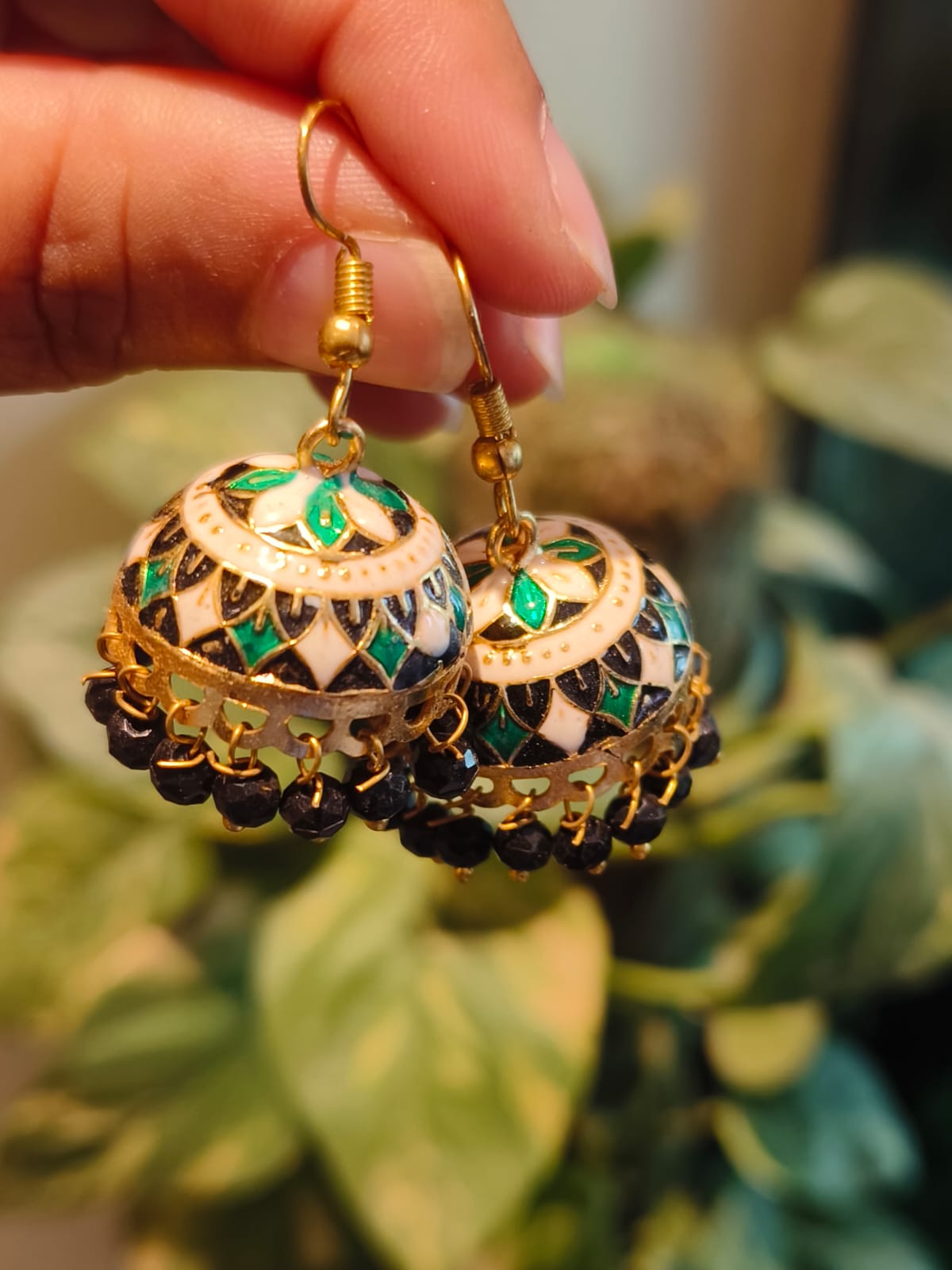 Handmade black and green Meenakari jhumki earring with gold detailing and black bead fringe – Rivayat Heritage