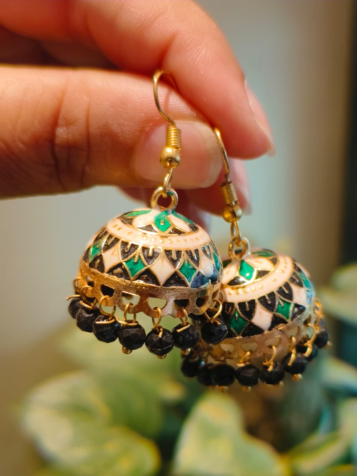 Pair of authentic Rajasthani Meenakari jhumki earrings in black, green and white enamel with bead drops – Rivayat Manika Collection