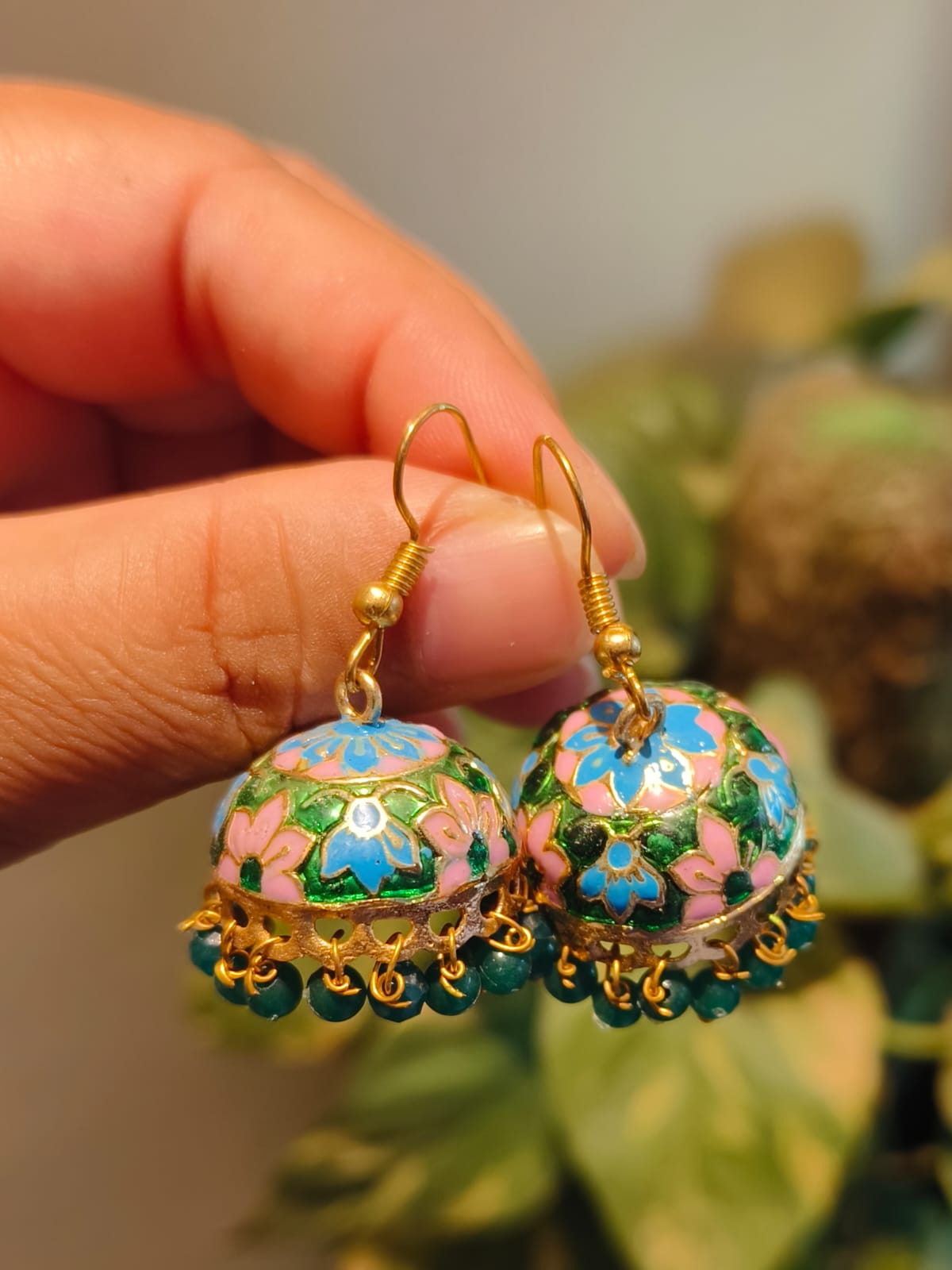 Handmade Meenakari jhumki earrings in pink, sky blue and green enamel with teal bead drops – Rivayat Manika Collection