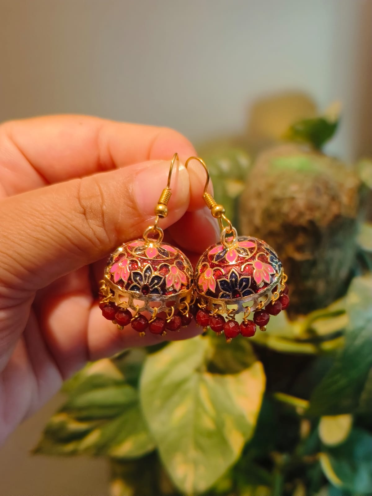 Handmade red and pink Meenakari jhumki earrings with gold dome, floral enamel work and red crystal bead drops – Manika Collection by Rivayat