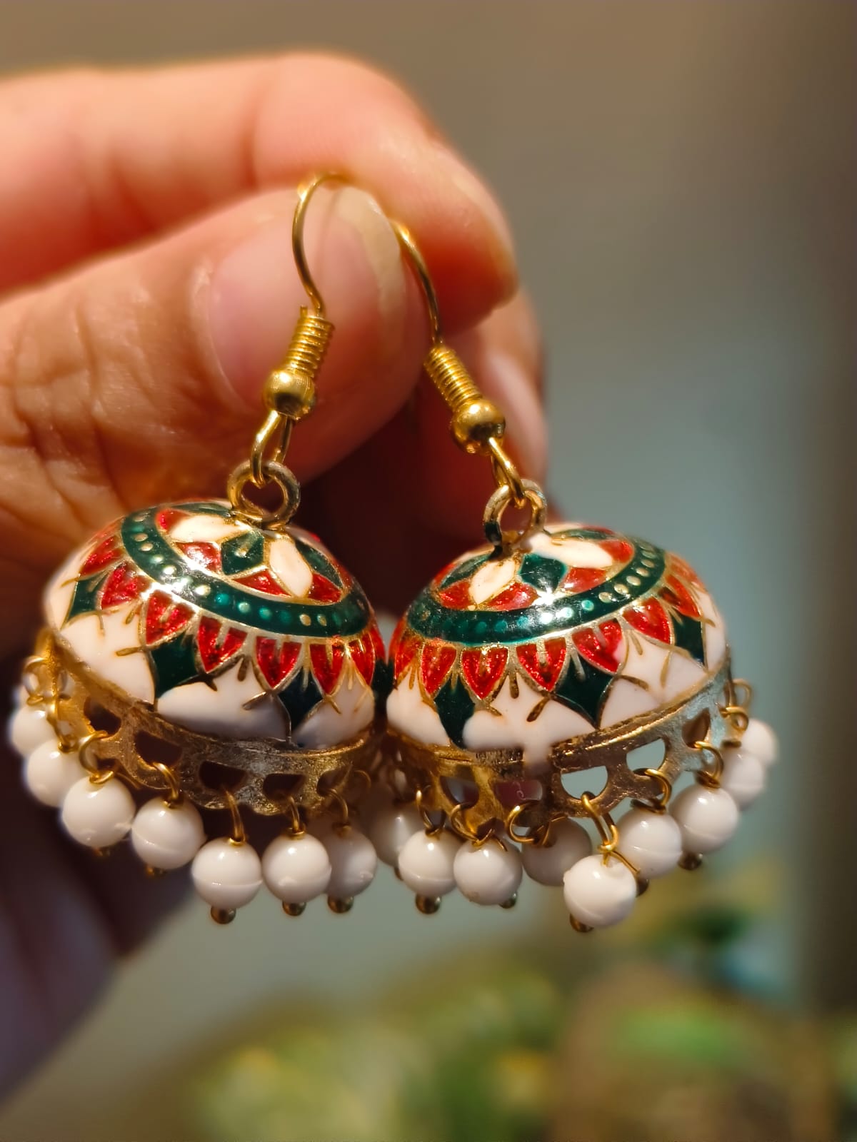 Handcrafted Meenakari jhumki earrings in red, green and white enamel with white pearl bead drops – Rivayat Manika Collection