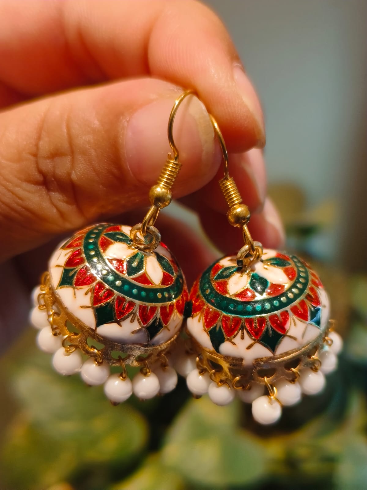 Pair of authentic Meenakari jhumki earrings with lotus enamel motifs and pearl drops, handmade in India – Rivayat Heritage