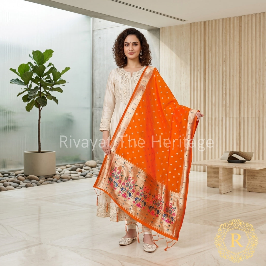 Navdurga – Orange Paithani Maharashtra Silk Dupatta | Handwoven Golden Motifs