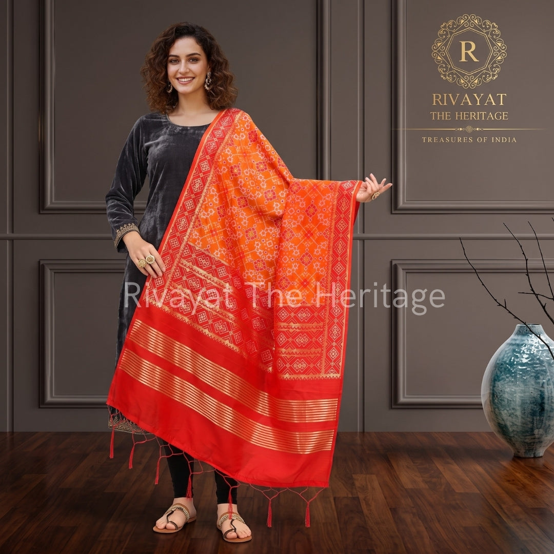 An elegant model, with curly brown hair and smiling, showcases a vibrant orange-to-red traditional Indian Patola and Bandhani-style dupatta with intricate geometric and floral patterns and detailed gold zari thread borders. She wears a deep grey velvet kurta suit with gold embroidery. This is a professional catalogue shoot for 'Rivayat The Heritage', featuring their 'Treasures of India' collection, set in a luxurious room with grey paneled walls and a large turquoise vase.
