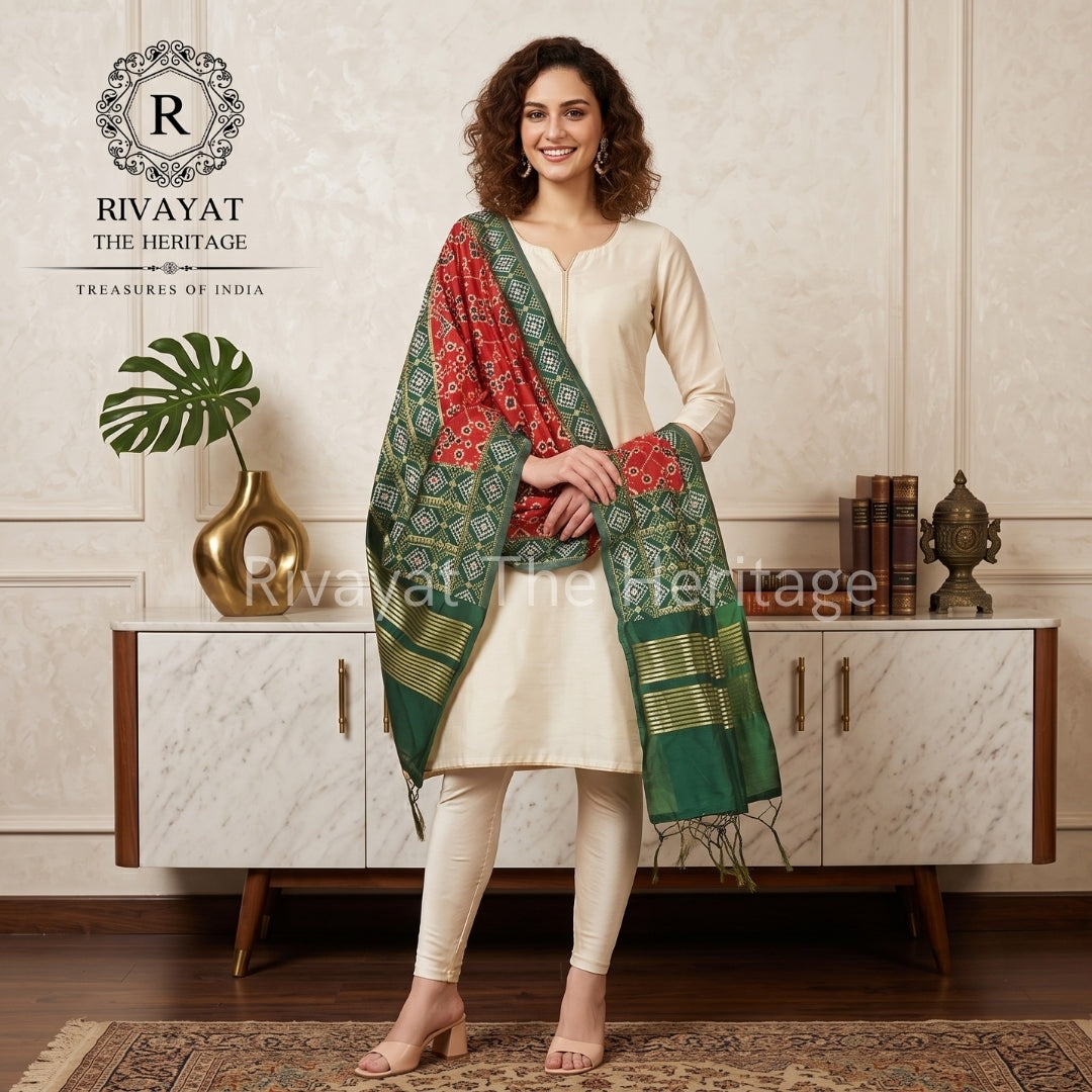 A fashion model wearing a classic white ethnic suit, featuring a rich red and green patterned dupatta with golden zari work by Rivayat The Heritage, posed in a luxury interior setting.