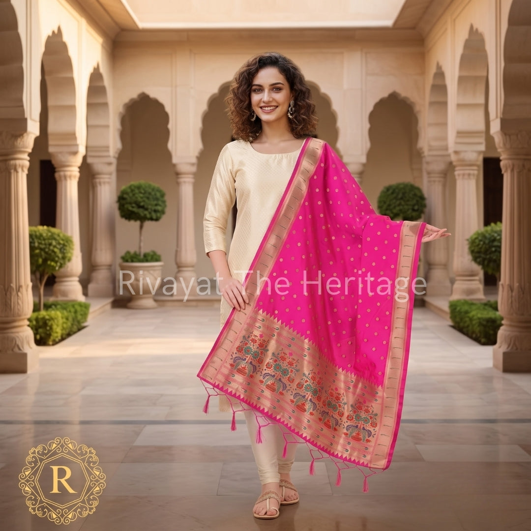 Rivayat The Heritage luxury pink silk dupatta featuring traditional gold woven borders and floral motifs, paired with ethnic Indian wear.