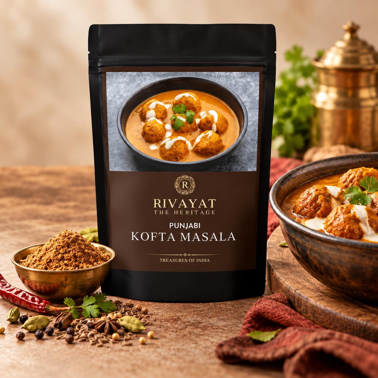 Rivayat Punjabi Kofta Masala pouch beside a brass bowl of handground masala powder and a bowl of kofta curry