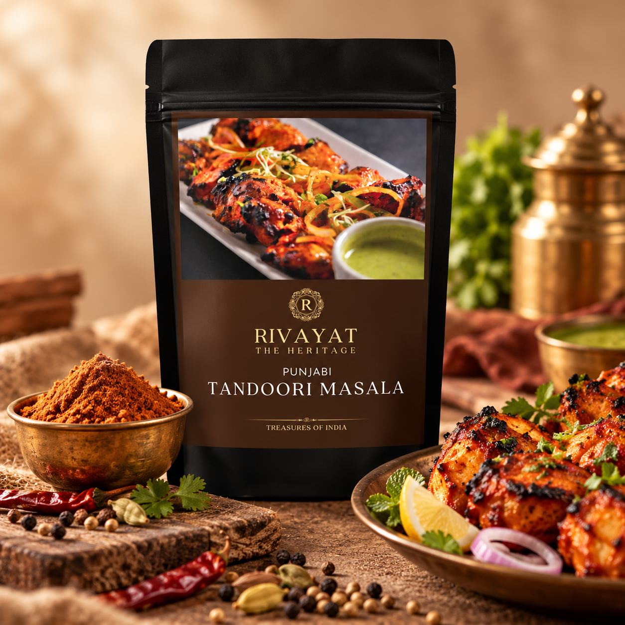 Rivayat Punjabi Tandoori Masala 100g black pouch with handground tandoori masala powder in a brass bowl, whole spices and grilled tandoori chicken with green chutney