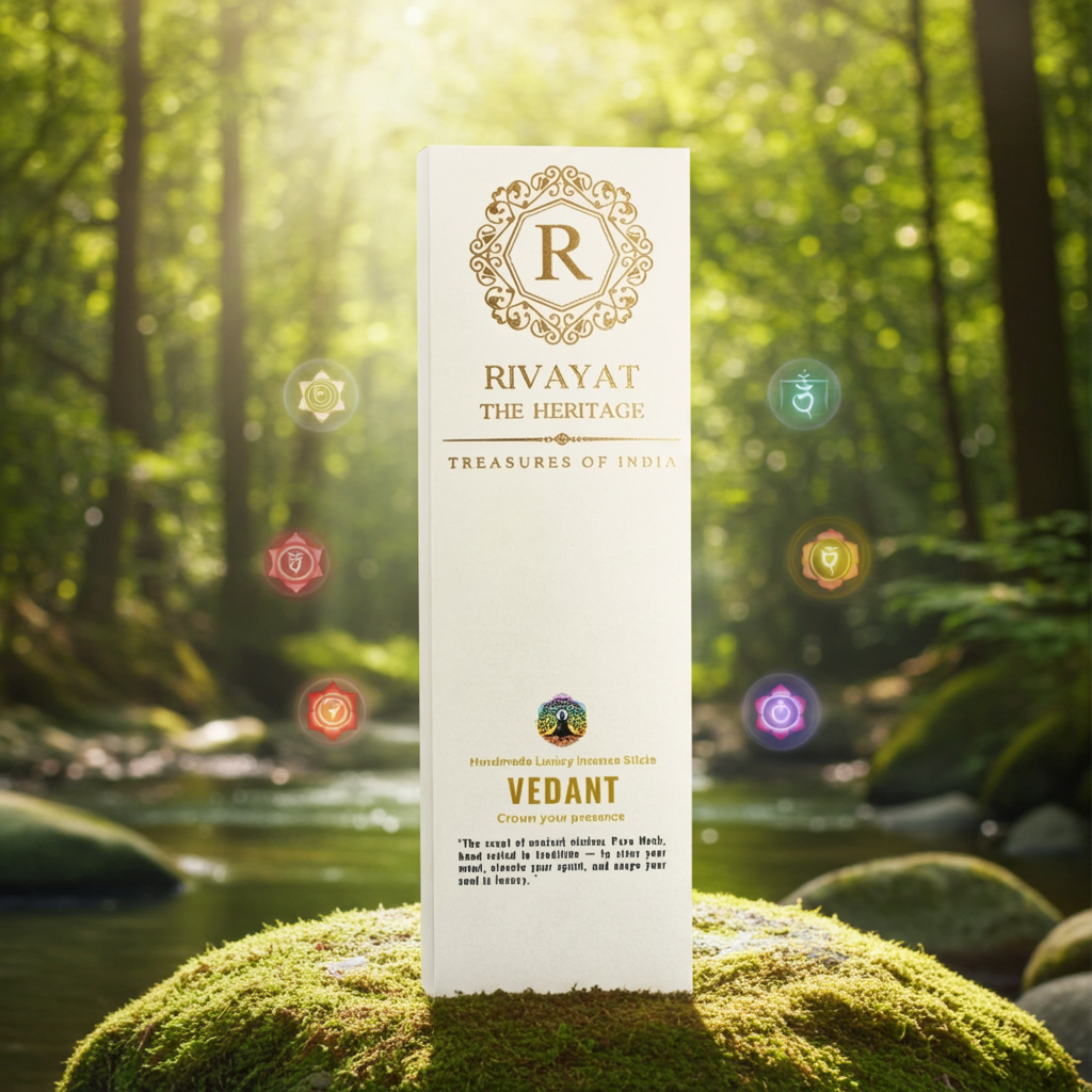 Vedant Forest Musk handrolled incense sticks by Rivayat The Heritage — premium Mysore artisan incense with chakra-balancing fragrance, displayed in forest setting