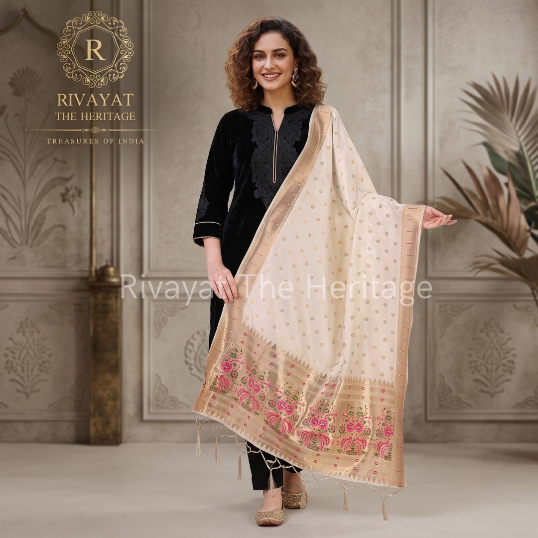 Elegant woman modeling a cream silk dupatta featuring intricate gold zari borders and pink floral motifs, draped over a rich black velvet suit. Luxury Indian ethnic wear by Rivayat The Heritage.