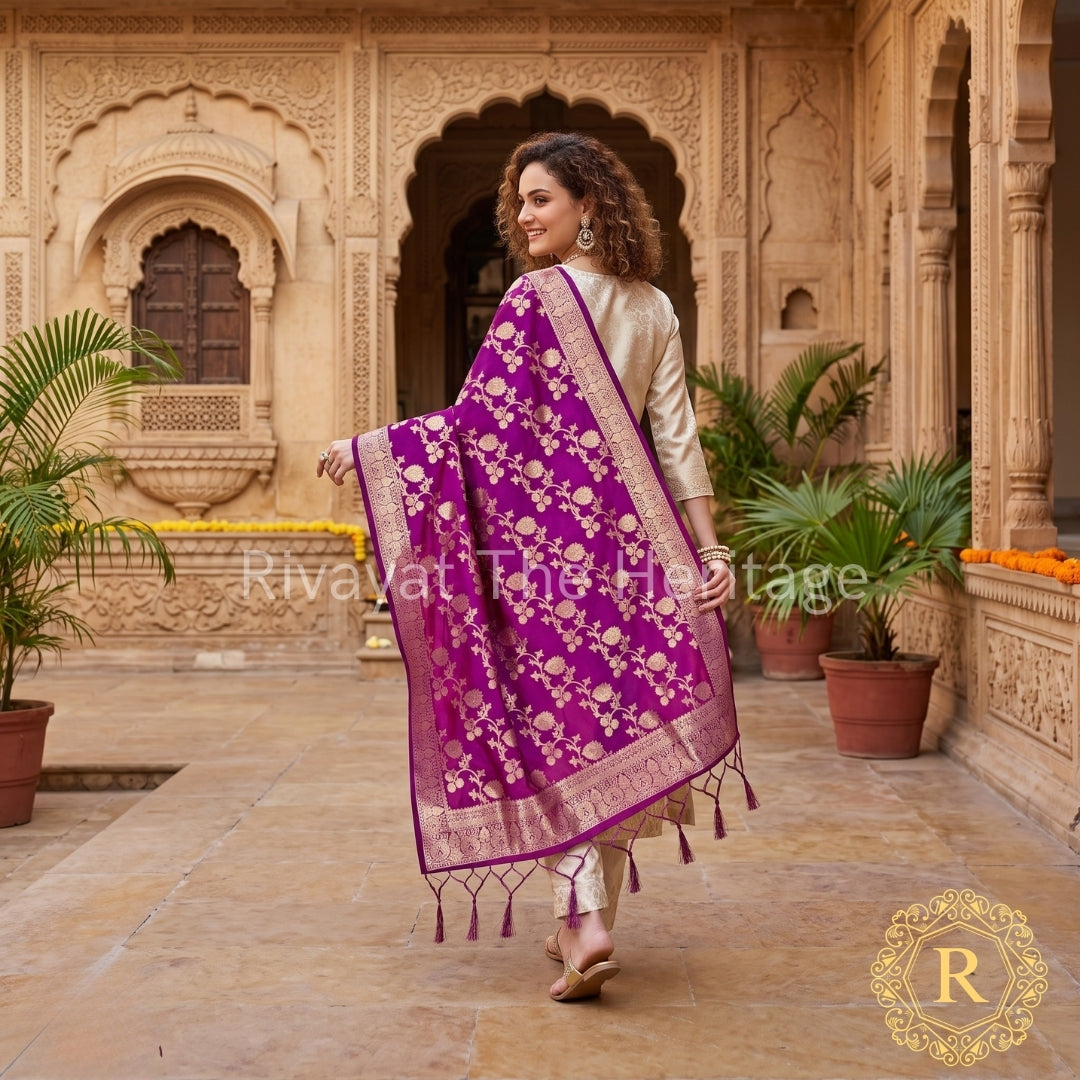 Navdurga – Wine Banarasi Silk Dupatta | Rich Zari Floral Elegance