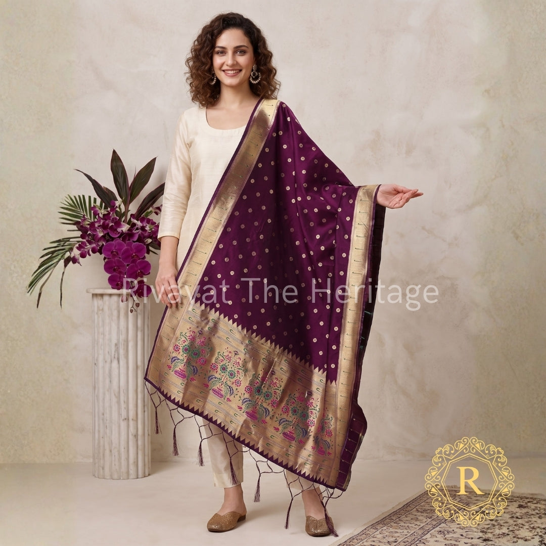 Navdurga - Wine Paithani Maharashtra Silk Dupatta