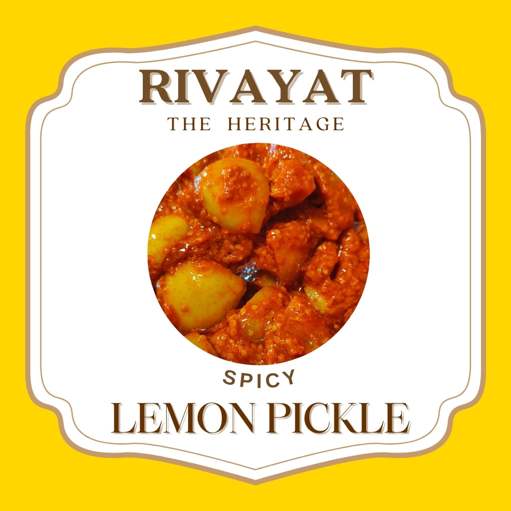 Rivayat Spicy Lemon Pickle — handmade sun-dried Indian lemon pickle with red chilli, mustard seeds and mustard oil, no preservatives, traditional heritage recipe