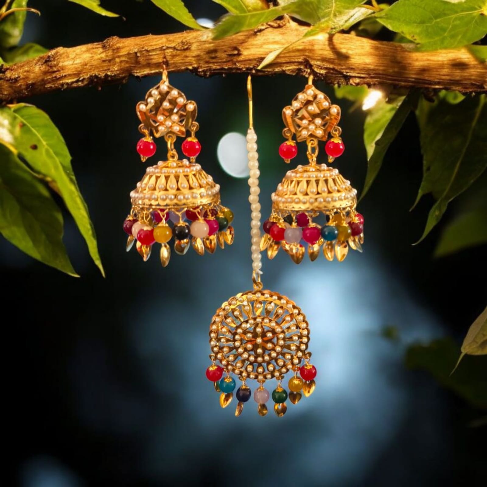 Authentic Handcrafted Peepal Patti Jhumka Set with Maang Tikka | Traditional Rajasthani Wedding Jewelry | Festive Gold-Plated Earrings