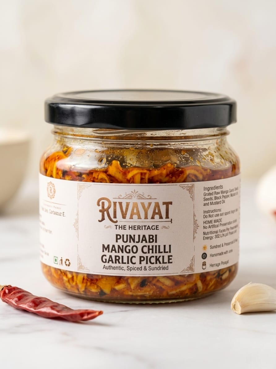 250-gram glass jar of Rivayat The Heritage Punjabi Mango Chilli Garlic Pickle on a white marble surface with fresh garlic and dried red chilli.