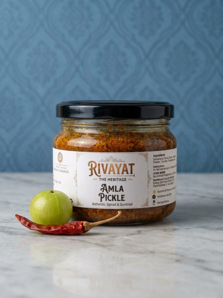 250-gram glass jar of authentic handmade Amla Pickle by Rivayat The Heritage, displayed with a fresh green amla and a dried red chili on a clean marble surface.