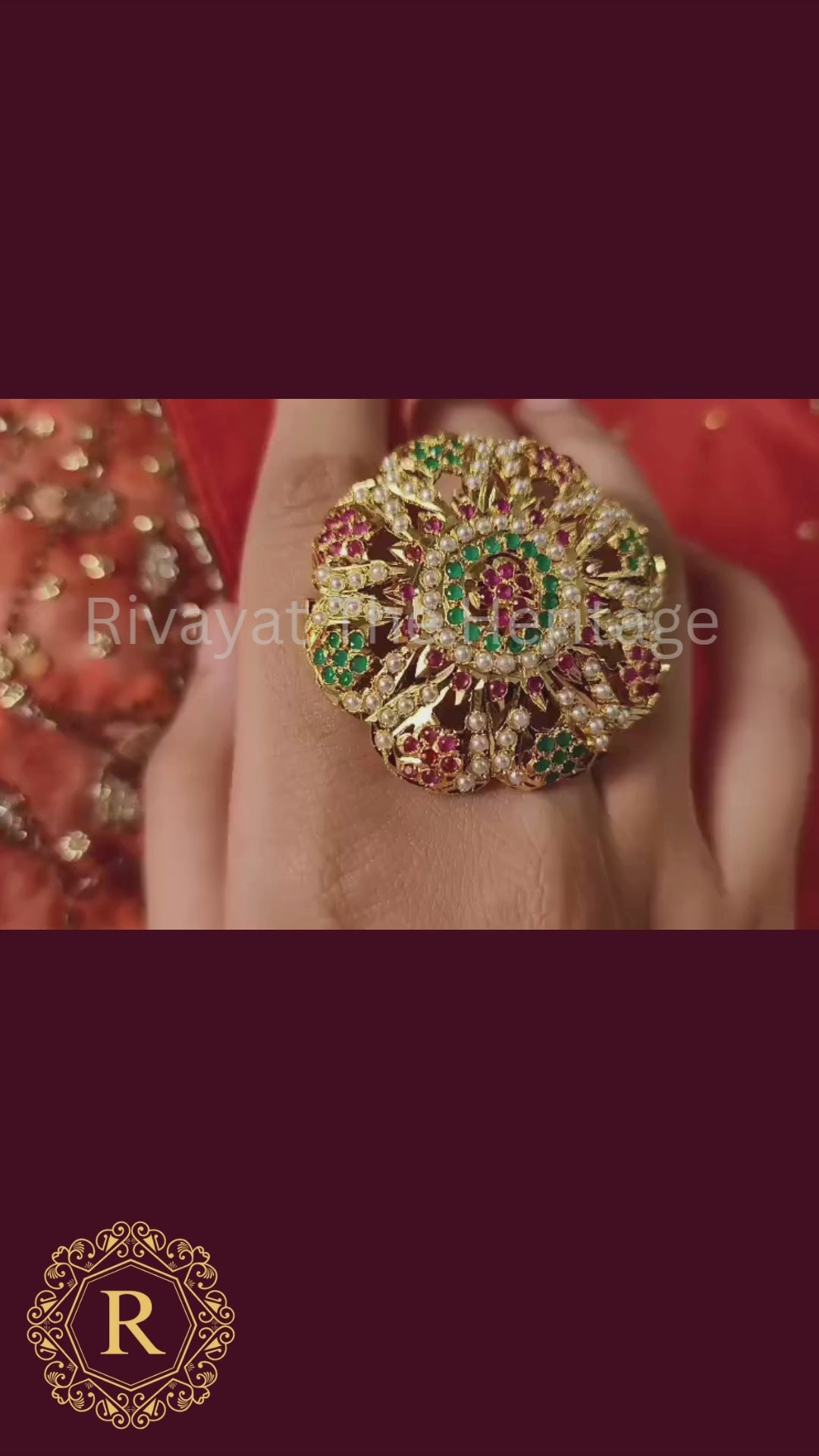 Manika Royal Jadau Gemstone Ring | Handcrafted 24K Gold Plated | Ruby Emerald Pearl | Authentic Indian Heritage Jewelry