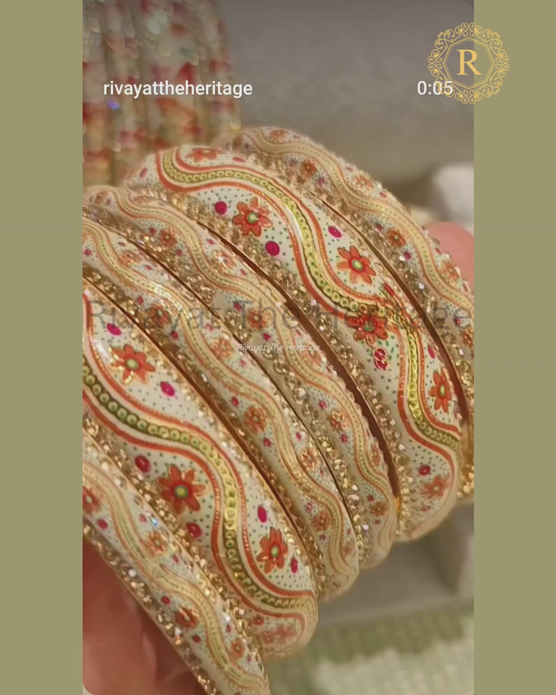 Video showcasing handcrafted Meenakari bangles with floral enamel work and kundan detailing